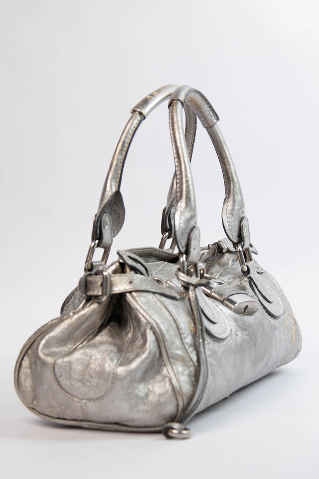 Pre-owned 2000s Chloe Silver Metallic Leather Paddington Shoulder Bag