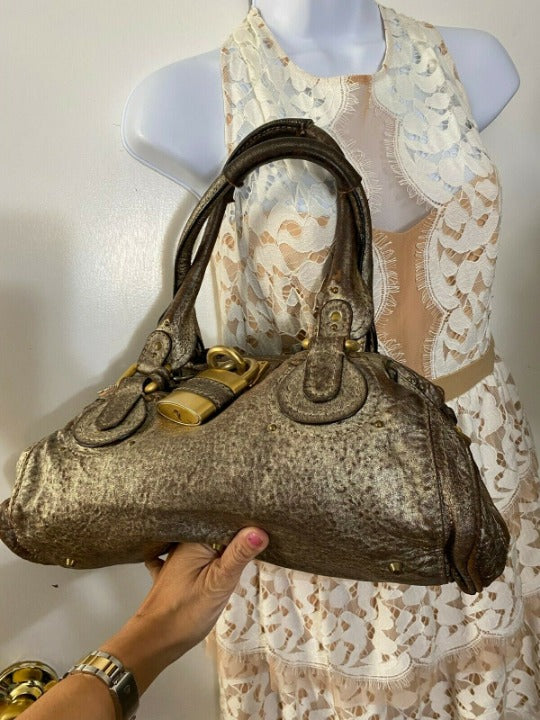 Pre-owned Chloé Brown Leather Metallic Paddington Shoulder Bag – 14" x 7"